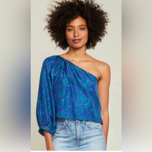 NWT VERONICA BEARD Lyric One-Shoulder Silk Top Cobalt Multi Cropped Floral - Picture 1 of 6
